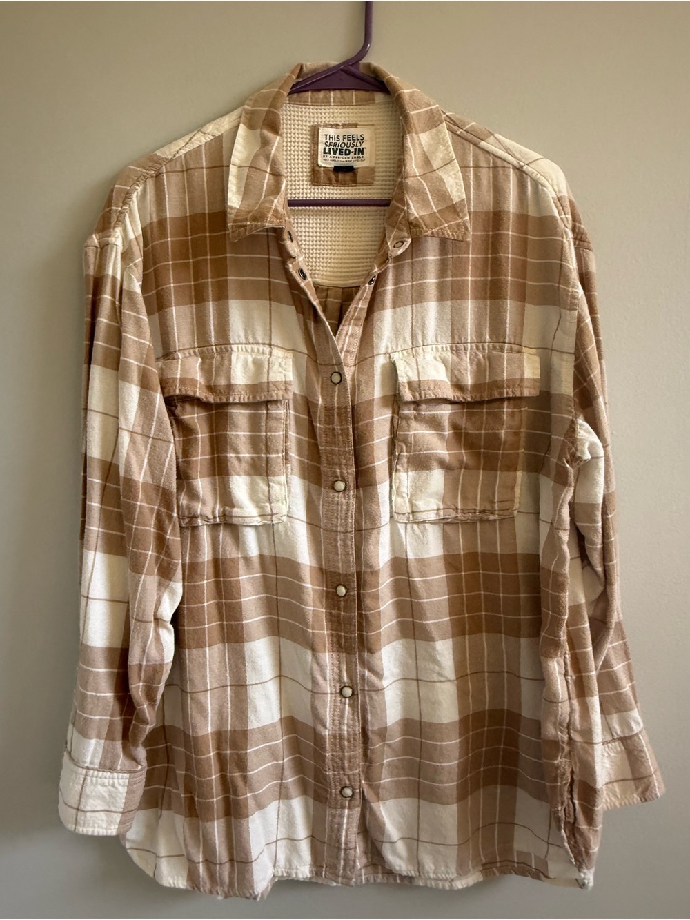 American Eagle plaid button up shirt, large, vguc, tan/white